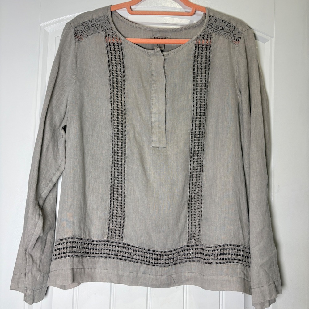 Artisan NY Linen Blouse Womens L Grey Crochet Lace Trim Henley Long Sleeve